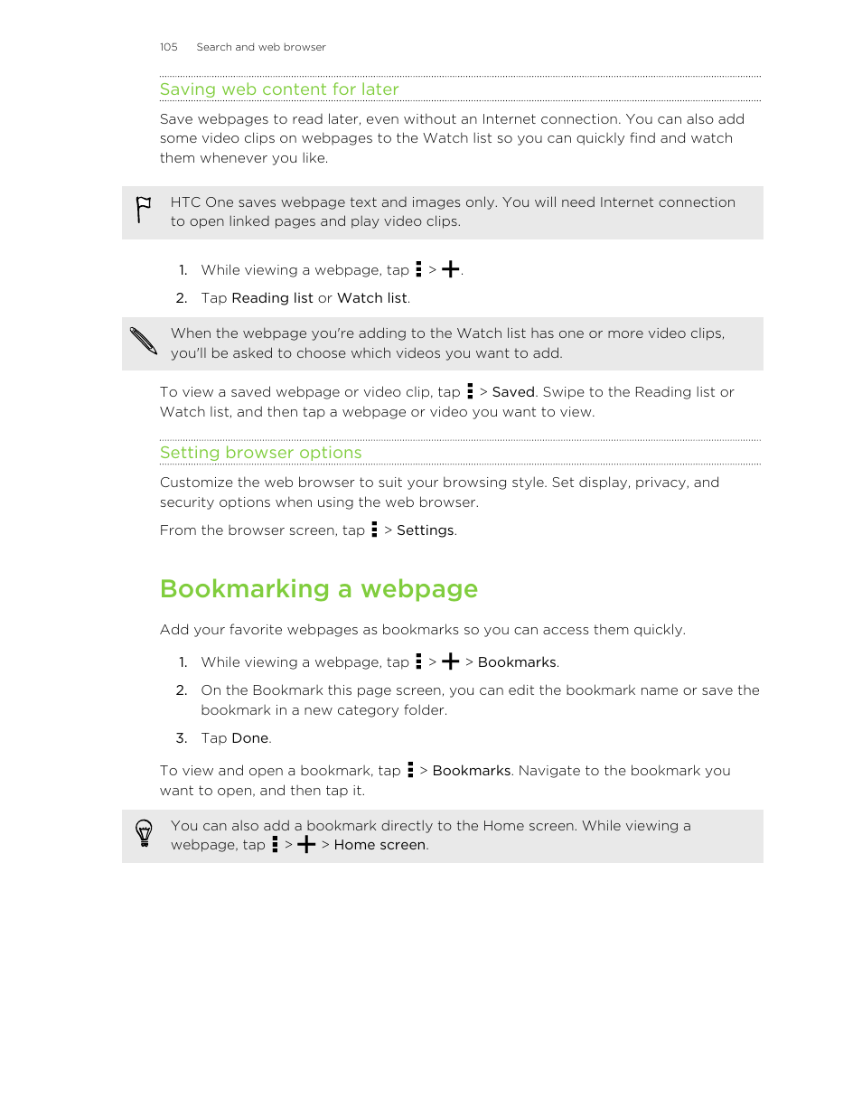 Saving web content for later, Setting browser options, Bookmarking a webpage | HTC One M8 User Manual | Page 105 / 201