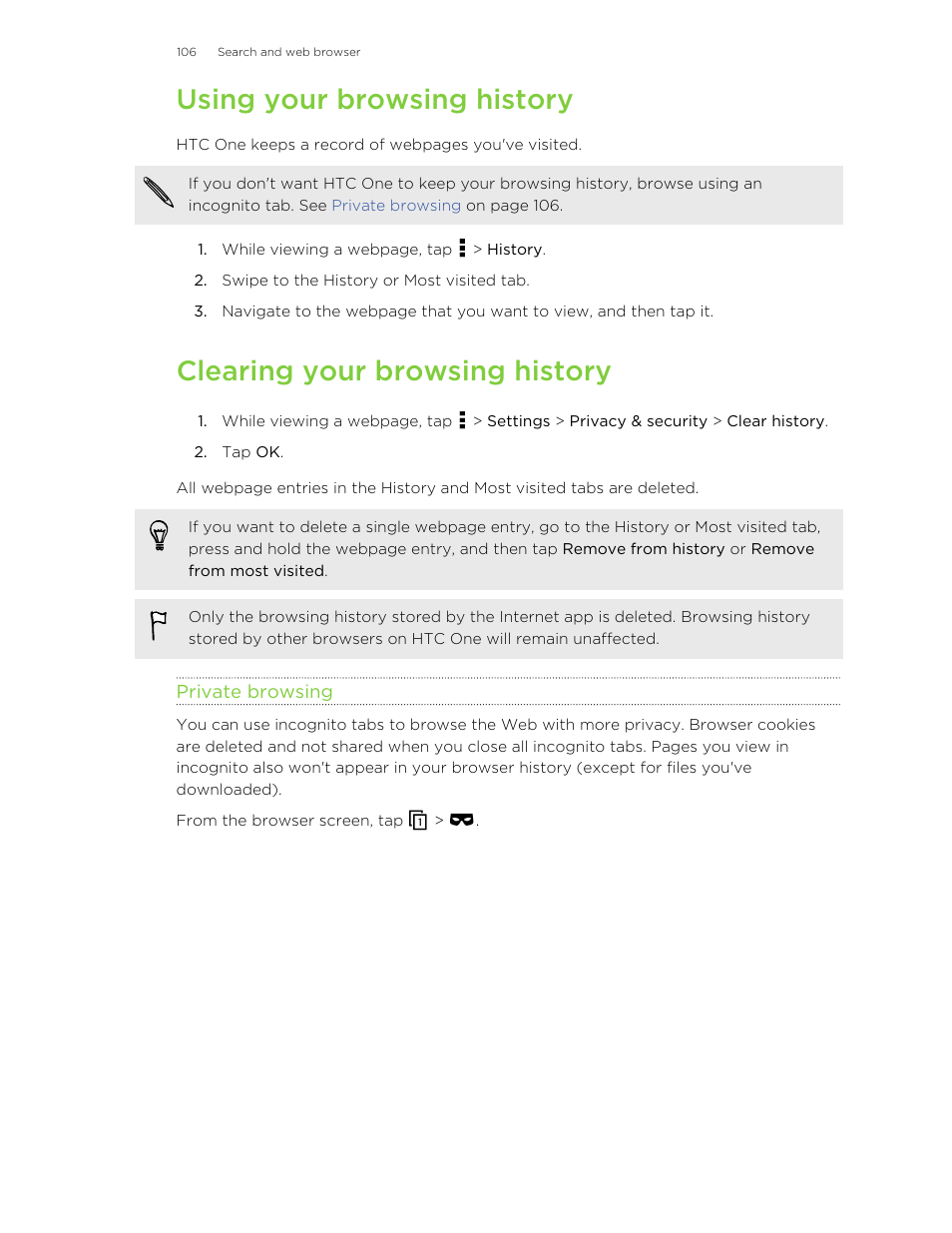 Using your browsing history, Clearing your browsing history, Private browsing | HTC One M8 User Manual | Page 106 / 201