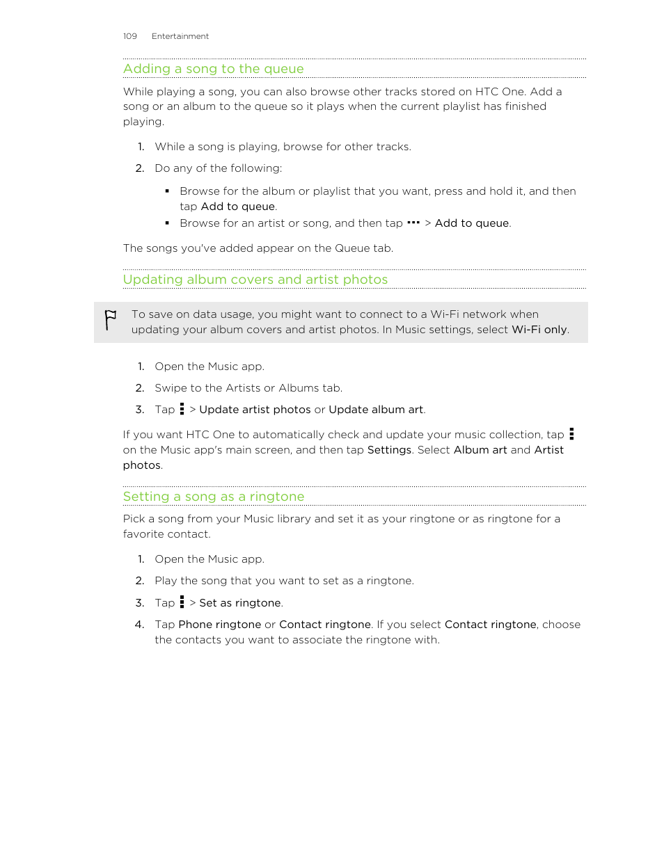 Adding a song to the queue, Updating album covers and artist photos, Setting a song as a ringtone | HTC One M8 User Manual | Page 109 / 201