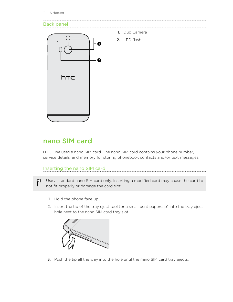 Back panel, Nano sim card, Inserting the nano sim card | HTC One M8 User Manual | Page 11 / 201