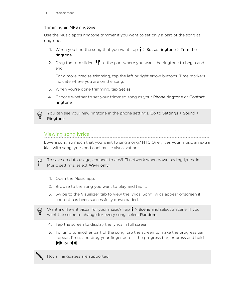 Trimming an mp3 ringtone, Viewing song lyrics, Are available, they'll show onscreen. see | HTC One M8 User Manual | Page 110 / 201