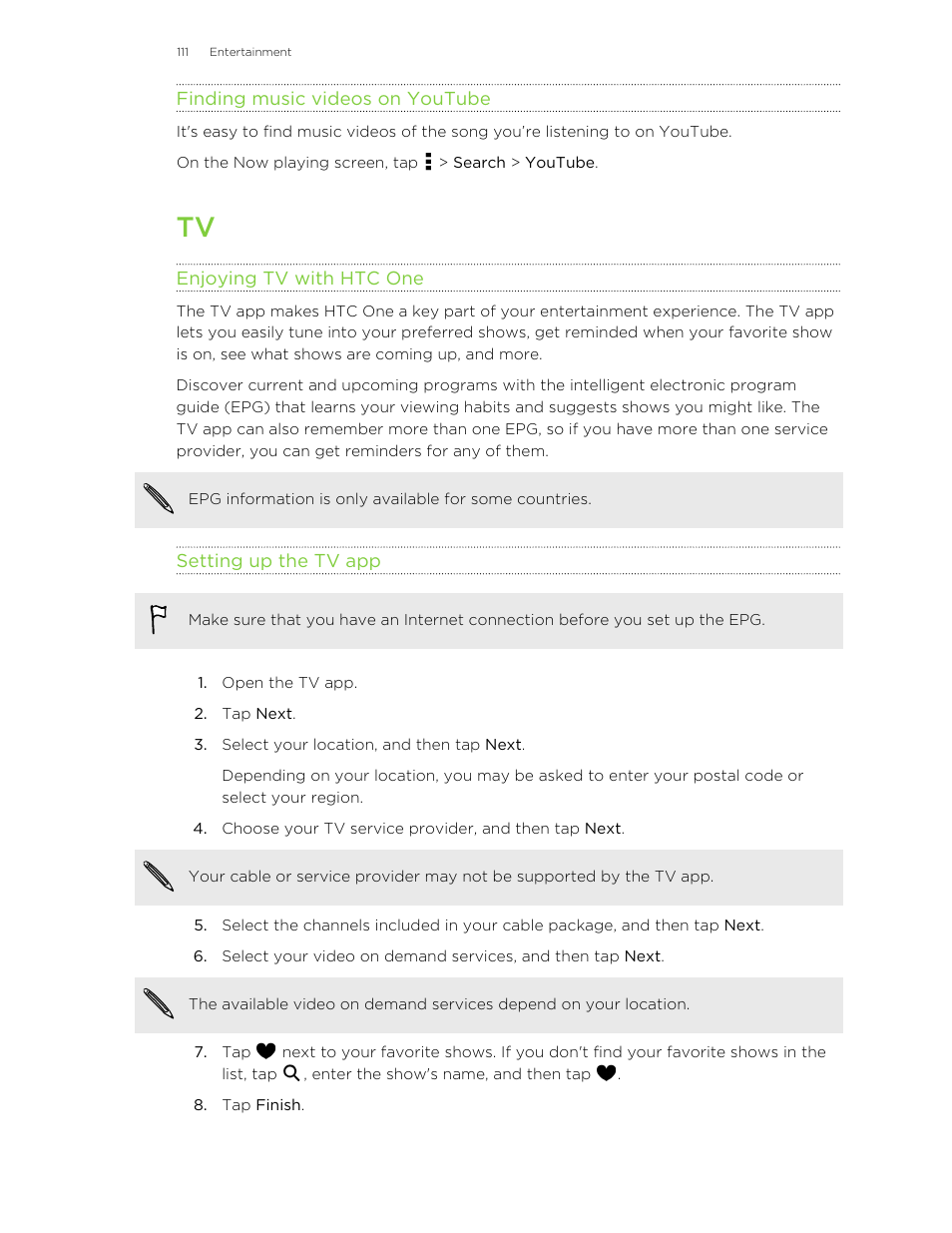 Finding music videos on youtube, Enjoying tv with htc one, Setting up the tv app | HTC One M8 User Manual | Page 111 / 201