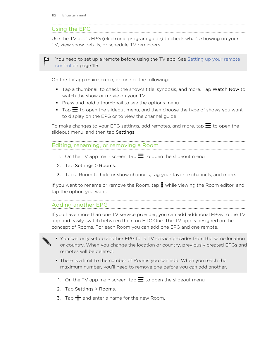 Using the epg, Editing, renaming, or removing a room, Adding another epg | HTC One M8 User Manual | Page 112 / 201
