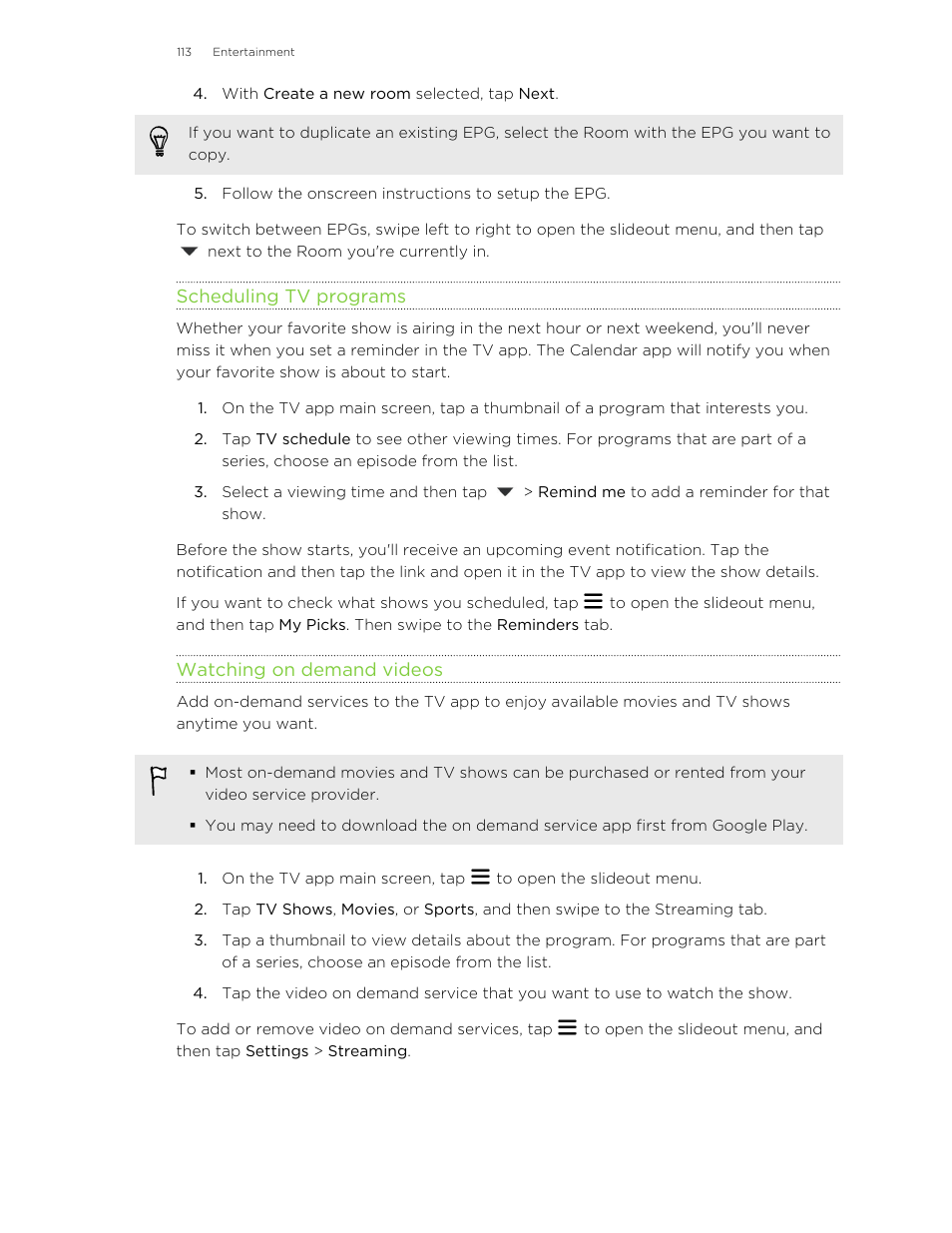 Scheduling tv programs, Watching on demand videos | HTC One M8 User Manual | Page 113 / 201