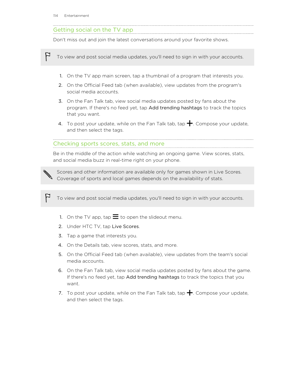 Getting social on the tv app, Checking sports scores, stats, and more | HTC One M8 User Manual | Page 114 / 201