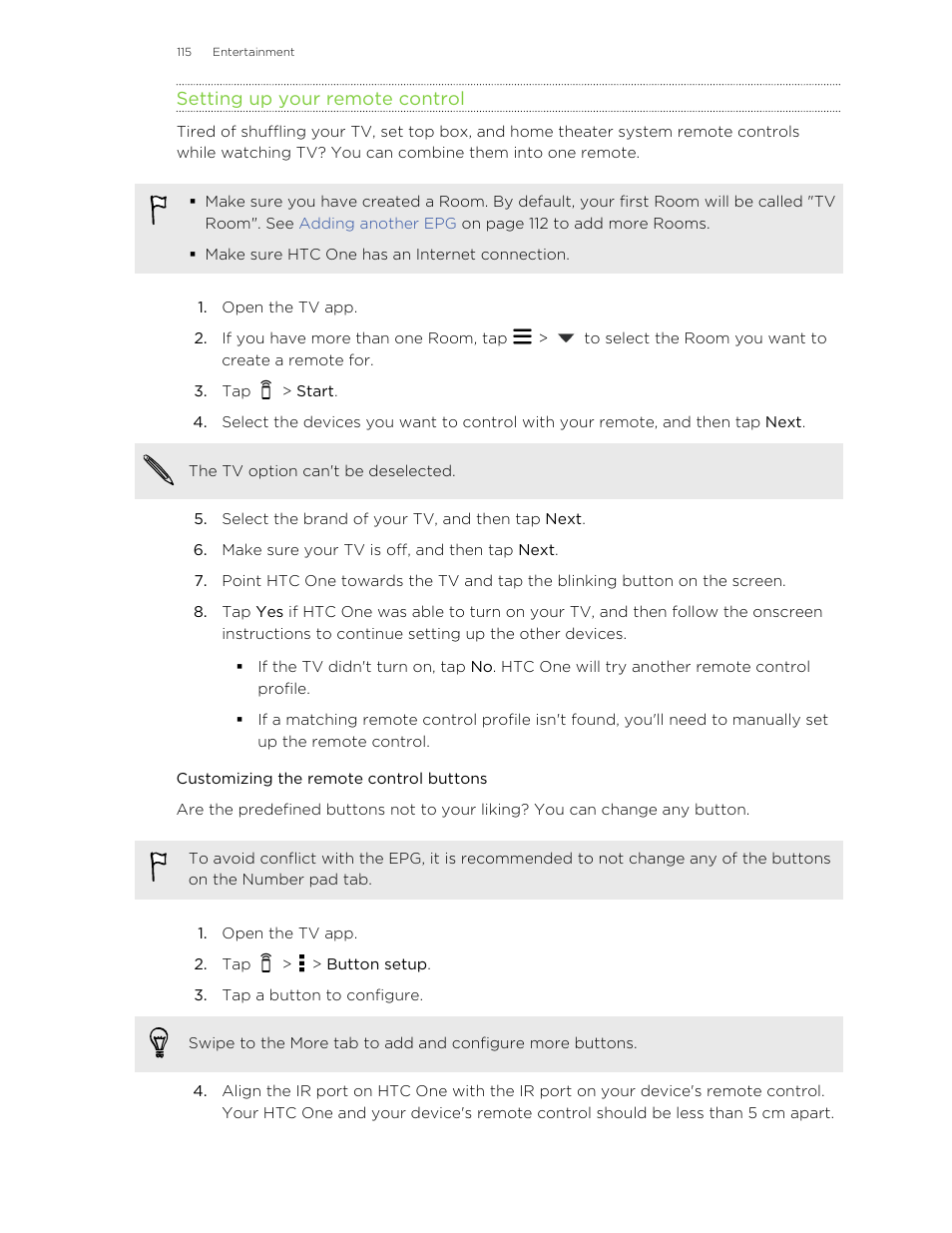 Setting up your remote control, Customizing the remote control buttons, Cable box), and home theater. see | Setting up your remote, Control | HTC One M8 User Manual | Page 115 / 201