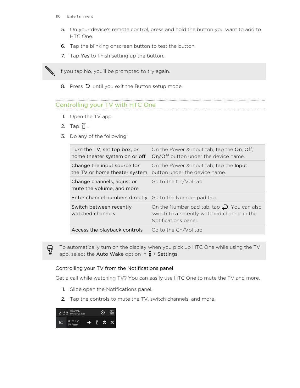 Controlling your tv with htc one, Controlling your tv from the notifications panel | HTC One M8 User Manual | Page 116 / 201