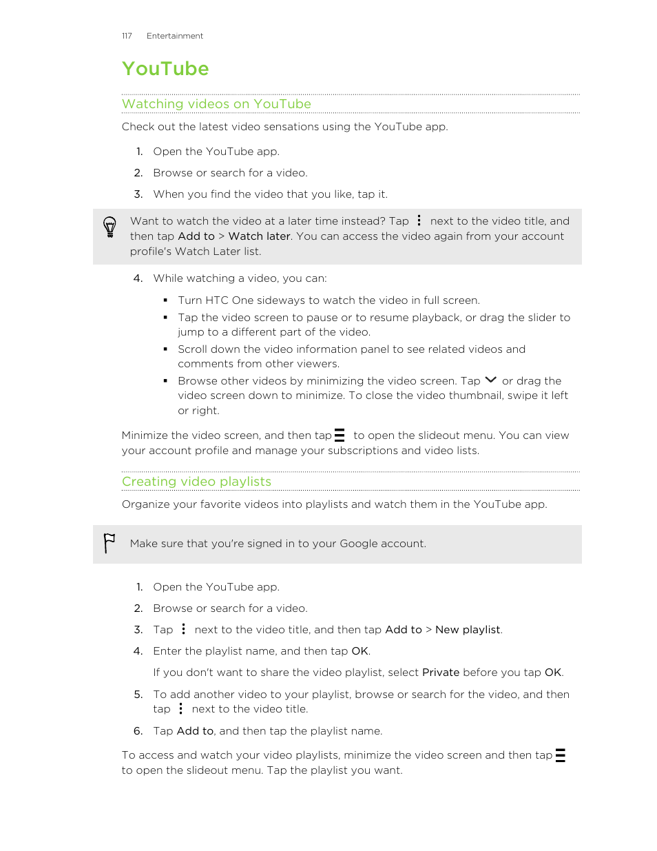 Youtube, Watching videos on youtube, Creating video playlists | HTC One M8 User Manual | Page 117 / 201