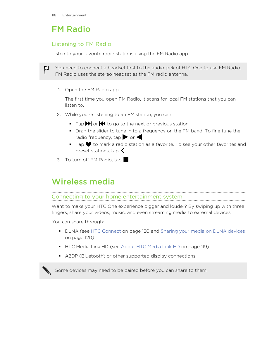Fm radio, Listening to fm radio, Wireless media | Connecting to your home entertainment system | HTC One M8 User Manual | Page 118 / 201