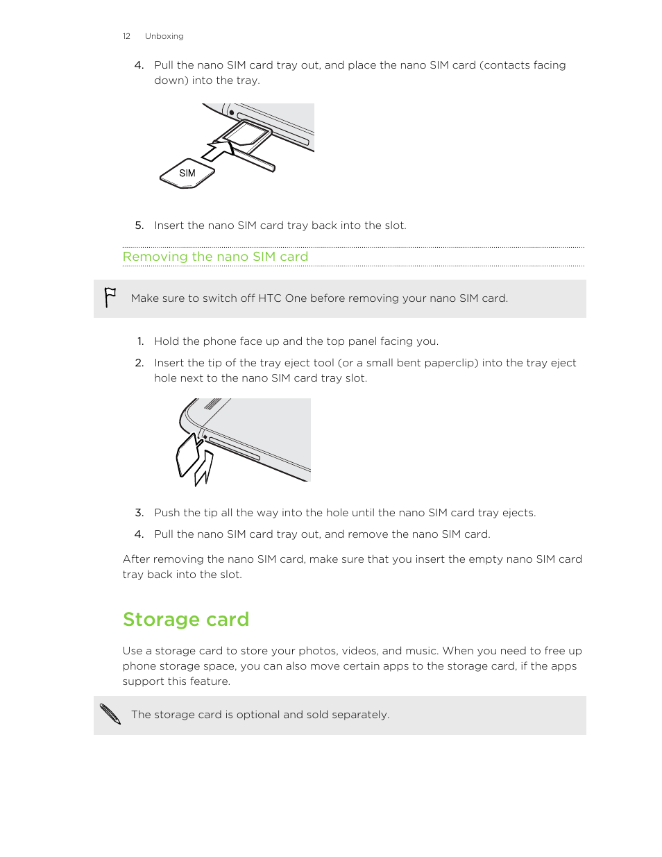 Removing the nano sim card, Storage card | HTC One M8 User Manual | Page 12 / 201