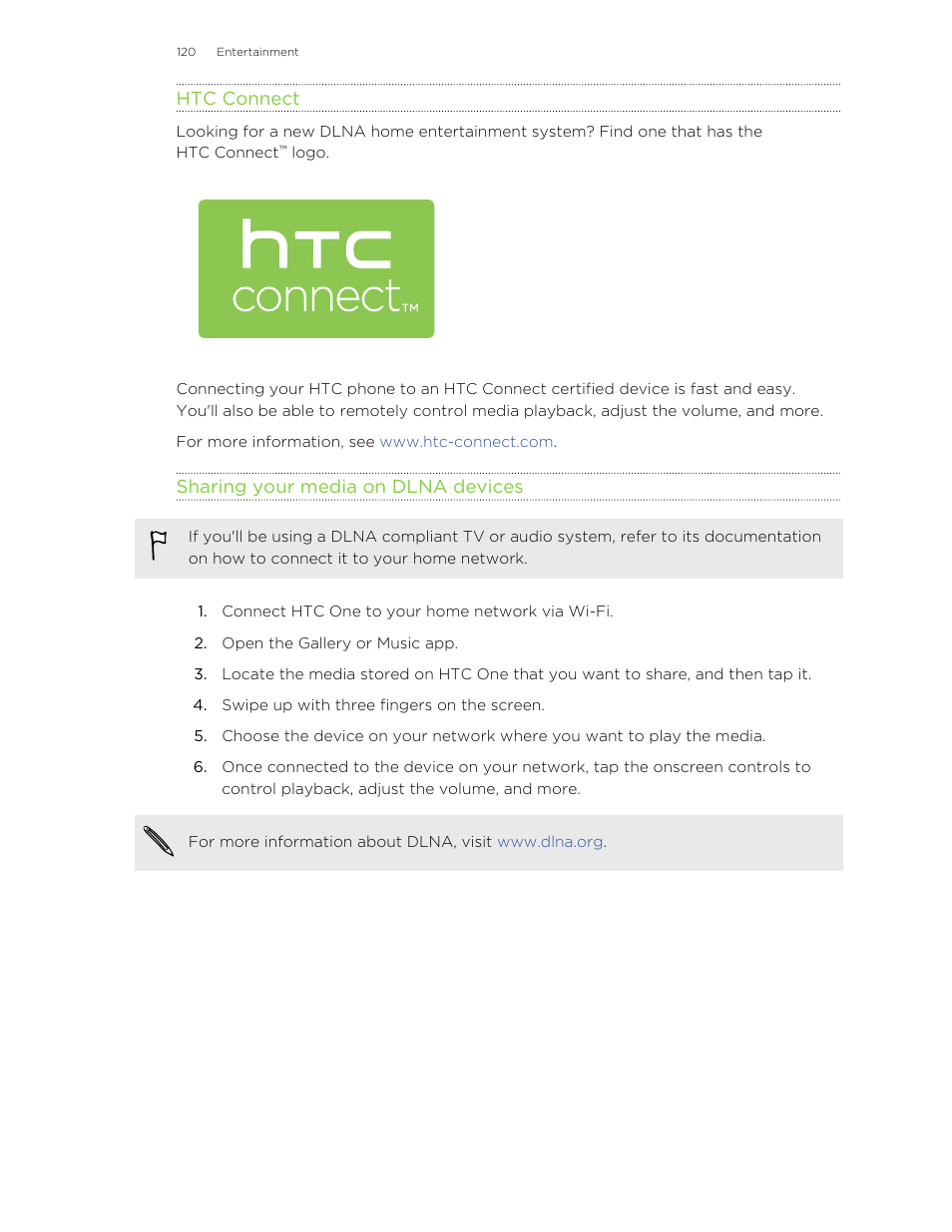 Htc connect, Sharing your media on dlna devices | HTC One M8 User Manual | Page 120 / 201