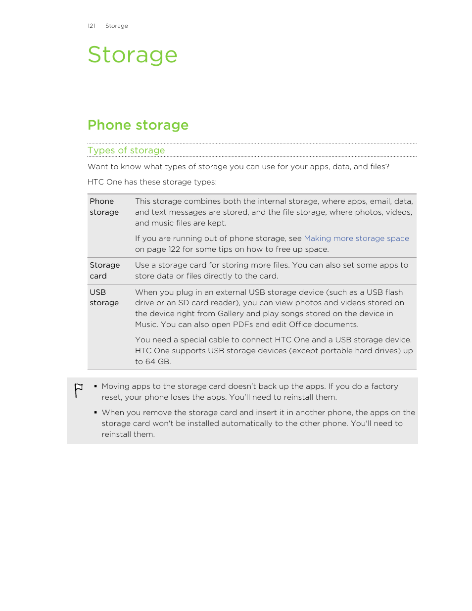 Storage, Phone storage, Types of storage | HTC One M8 User Manual | Page 121 / 201
