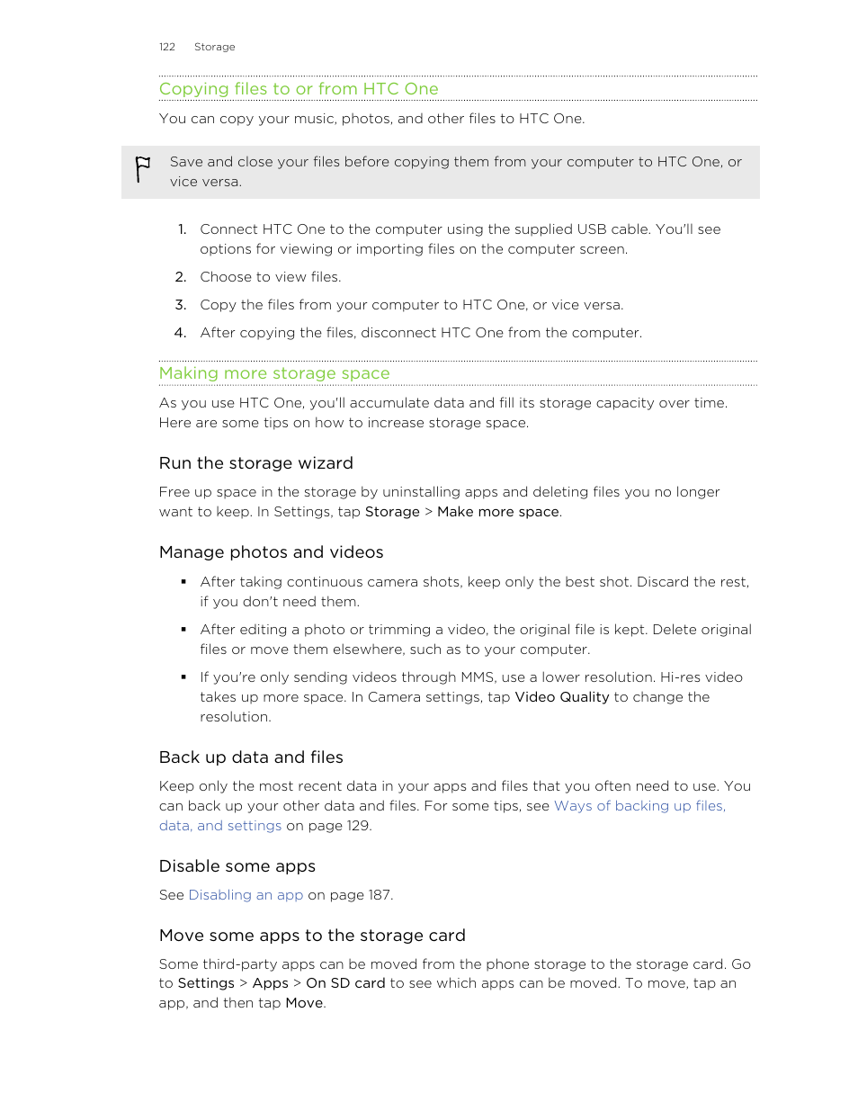 Copying files to or from htc one, Making more storage space | HTC One M8 User Manual | Page 122 / 201