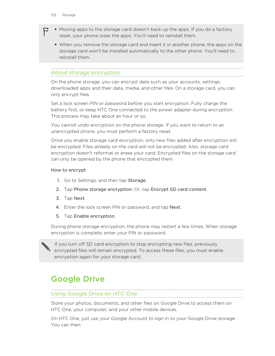 About storage encryption, How to encrypt, Google drive | Using google drive on htc one | HTC One M8 User Manual | Page 123 / 201