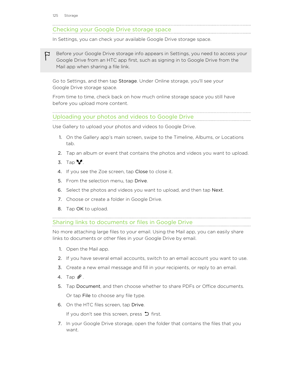 Checking your google drive storage space, Uploading your photos and videos to google drive | HTC One M8 User Manual | Page 125 / 201