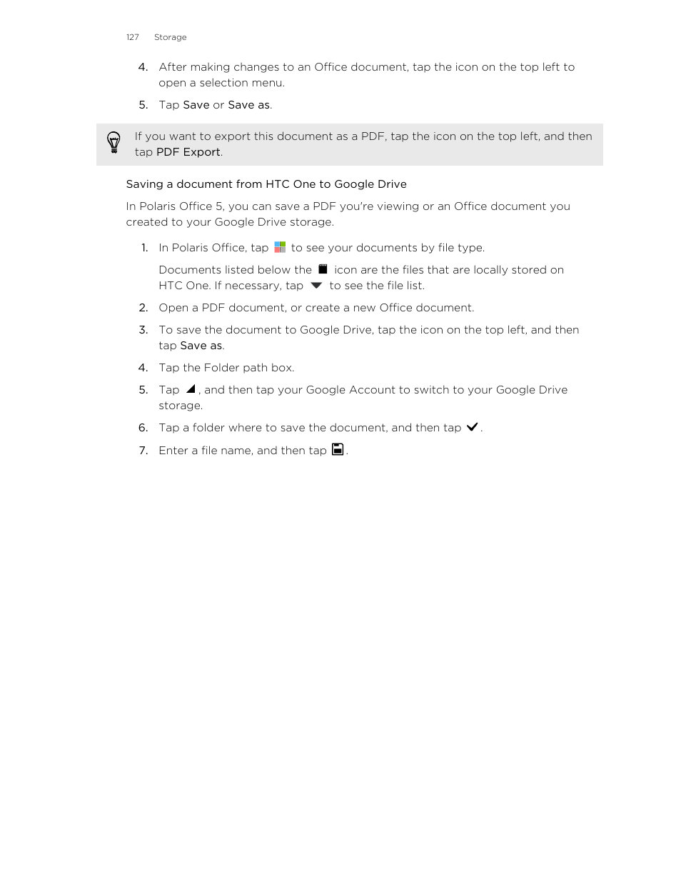 Saving a document from htc one to google drive | HTC One M8 User Manual | Page 127 / 201