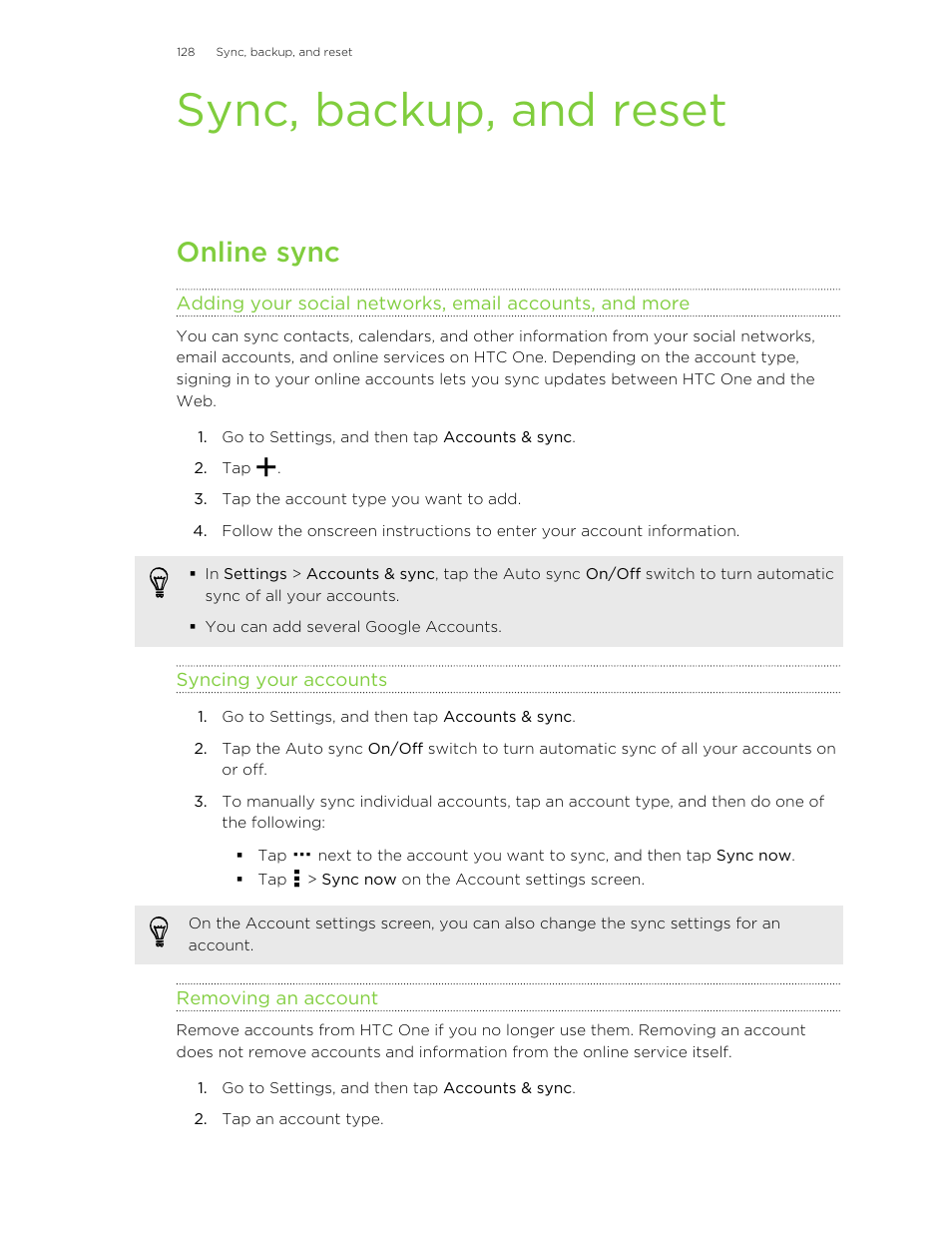 Sync, backup, and reset, Online sync, Syncing your accounts | Removing an account | HTC One M8 User Manual | Page 128 / 201