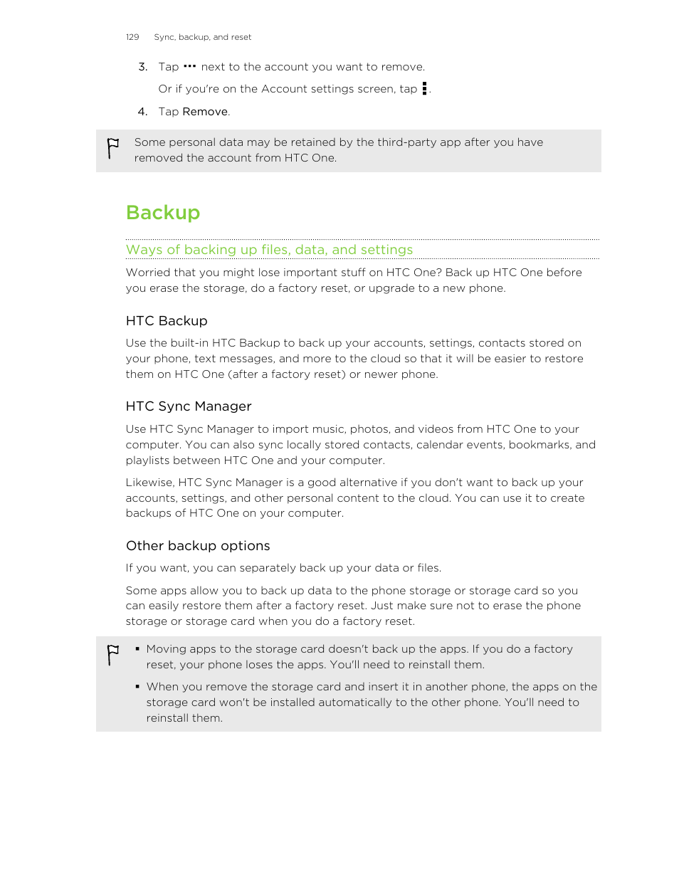 Backup, Ways of backing up files, data, and settings, Ways of backing up files | Data, and settings | HTC One M8 User Manual | Page 129 / 201