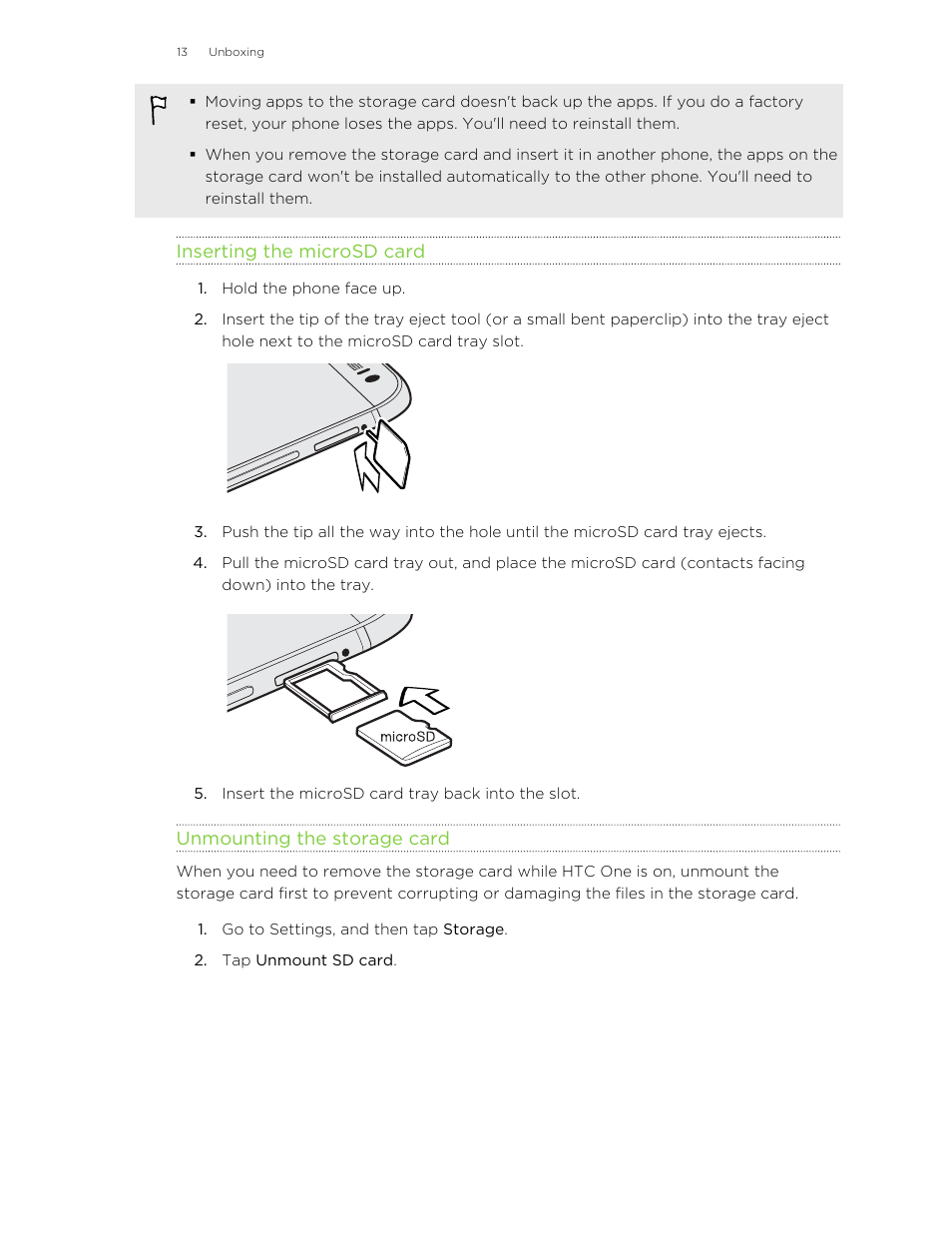 Inserting the microsd card, Unmounting the storage card | HTC One M8 User Manual | Page 13 / 201