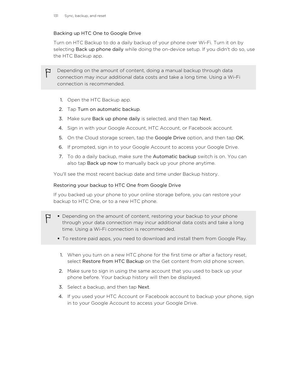 Backing up htc one to google drive, Restoring your backup to htc one from google drive | HTC One M8 User Manual | Page 131 / 201