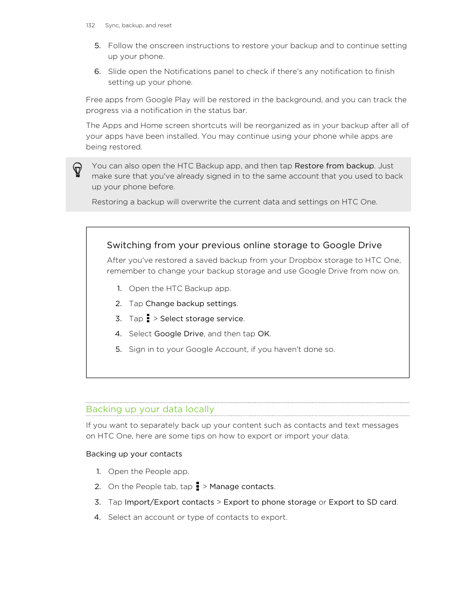 Backing up your data locally, Backing up your contacts | HTC One M8 User Manual | Page 132 / 201