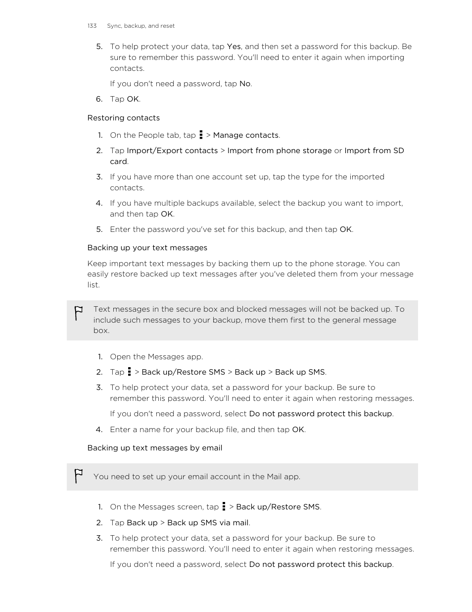 Restoring contacts, Backing up your text messages, Backing up text messages by email | HTC One M8 User Manual | Page 133 / 201