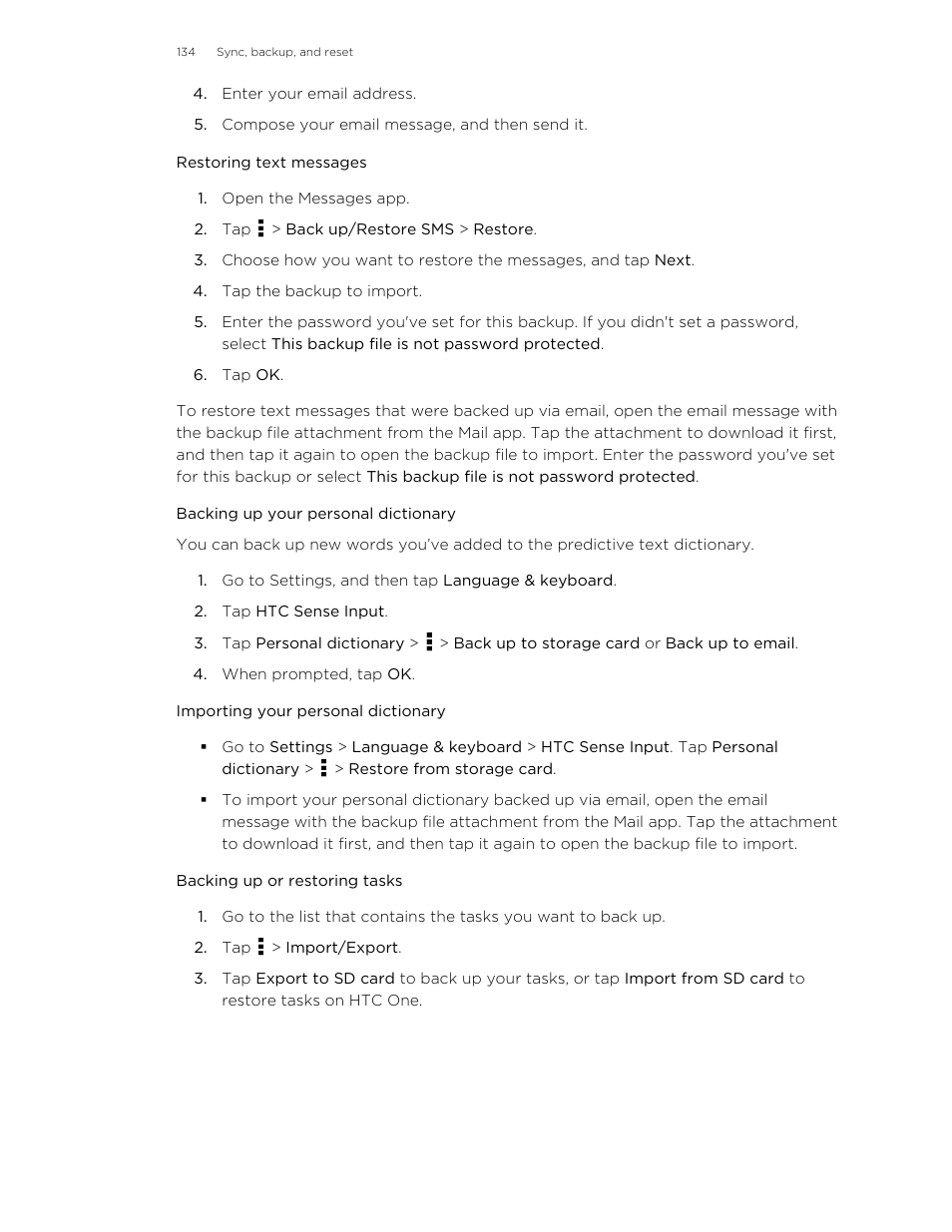 Restoring text messages, Backing up your personal dictionary, Importing your personal dictionary | Backing up or restoring tasks | HTC One M8 User Manual | Page 134 / 201