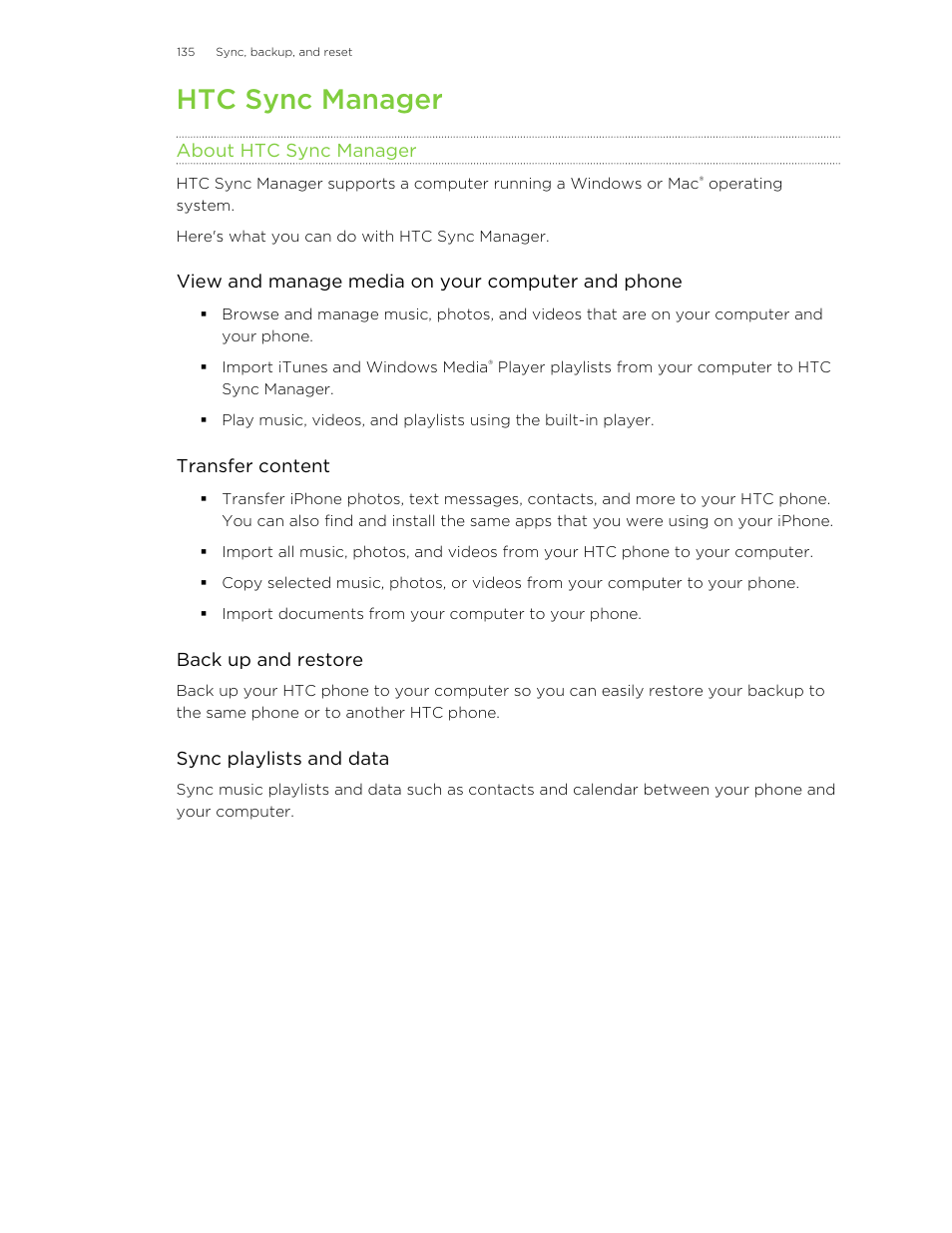 Htc sync manager, About htc sync manager | HTC One M8 User Manual | Page 135 / 201