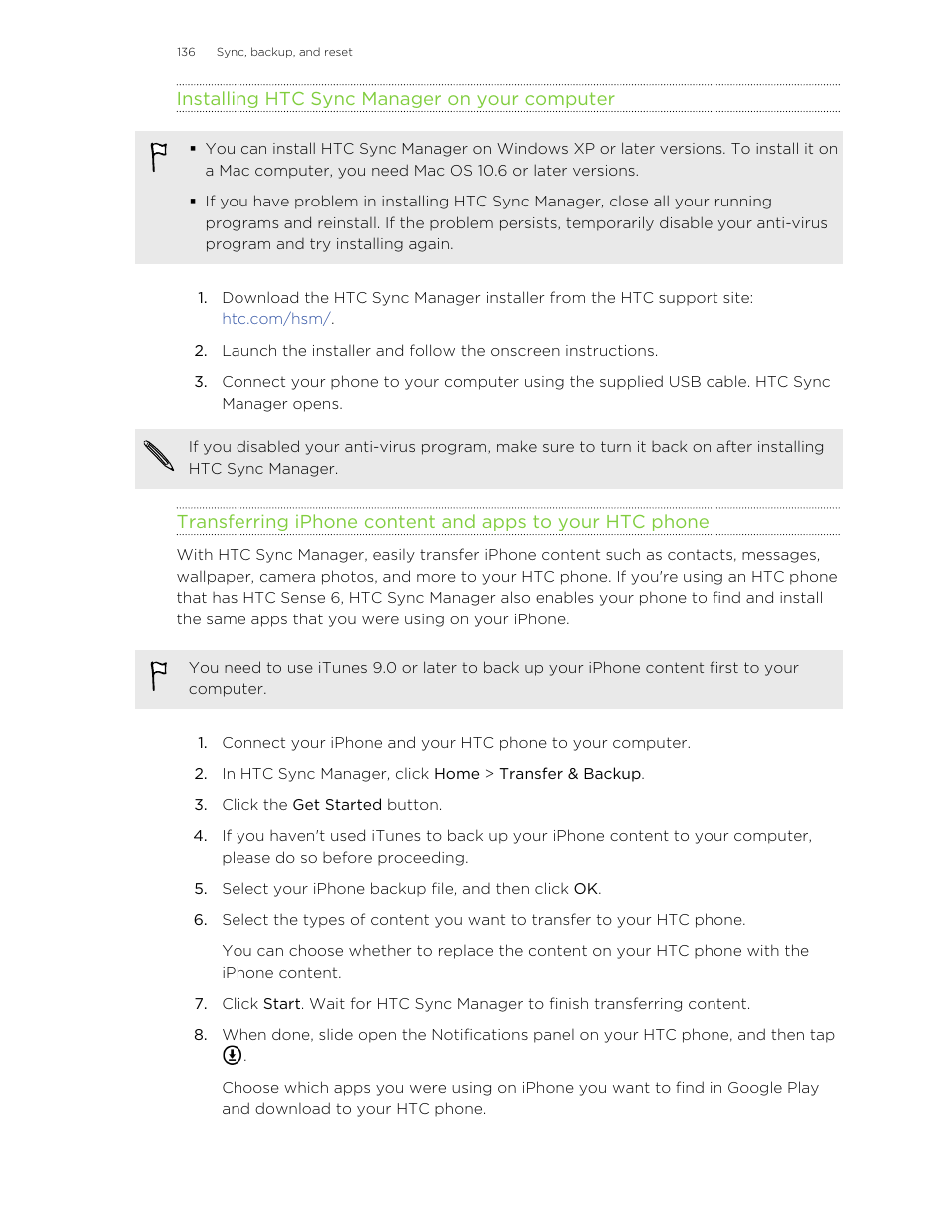Installing htc sync manager on your computer | HTC One M8 User Manual | Page 136 / 201