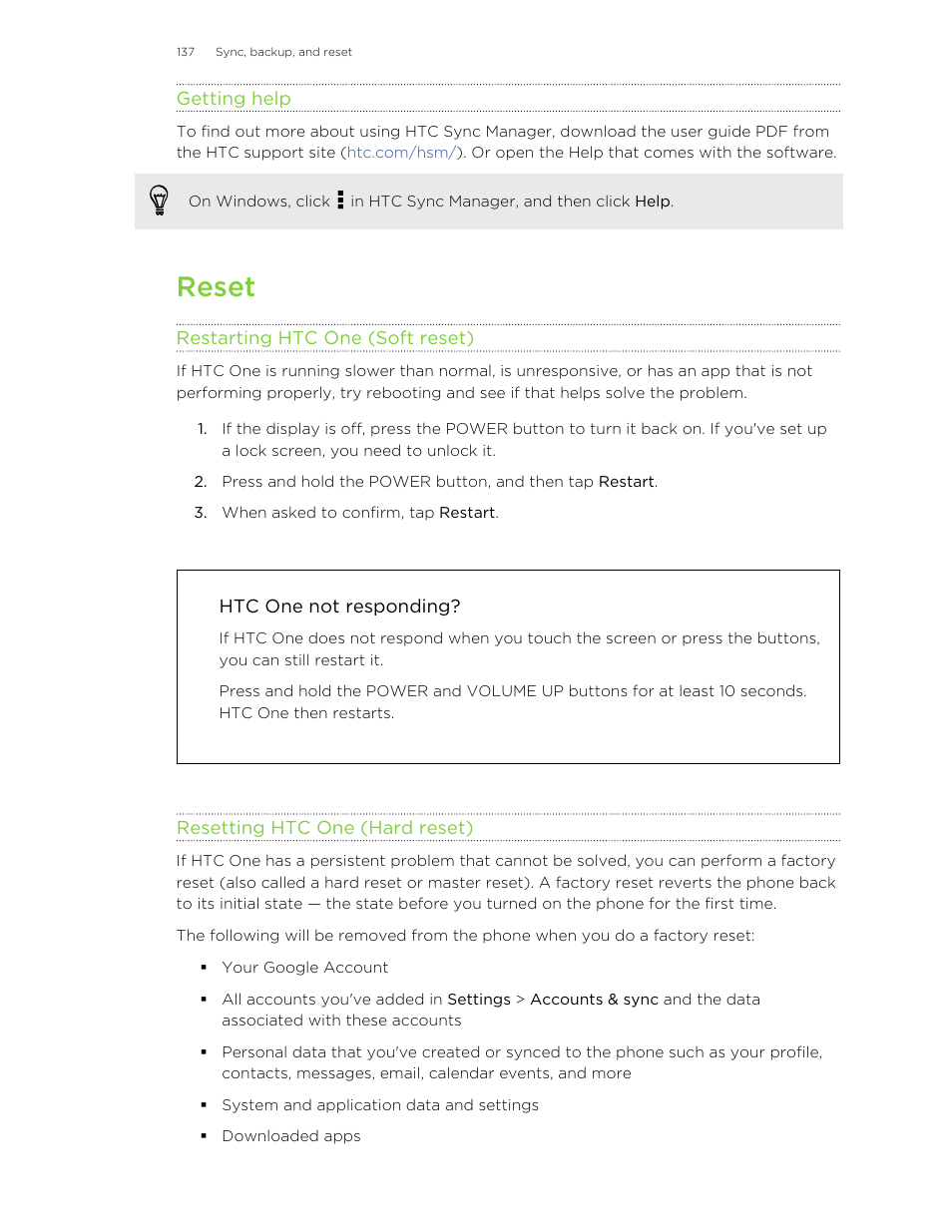 Getting help, Reset, Restarting htc one (soft reset) | Htc one not responding, Resetting htc one (hard reset) | HTC One M8 User Manual | Page 137 / 201