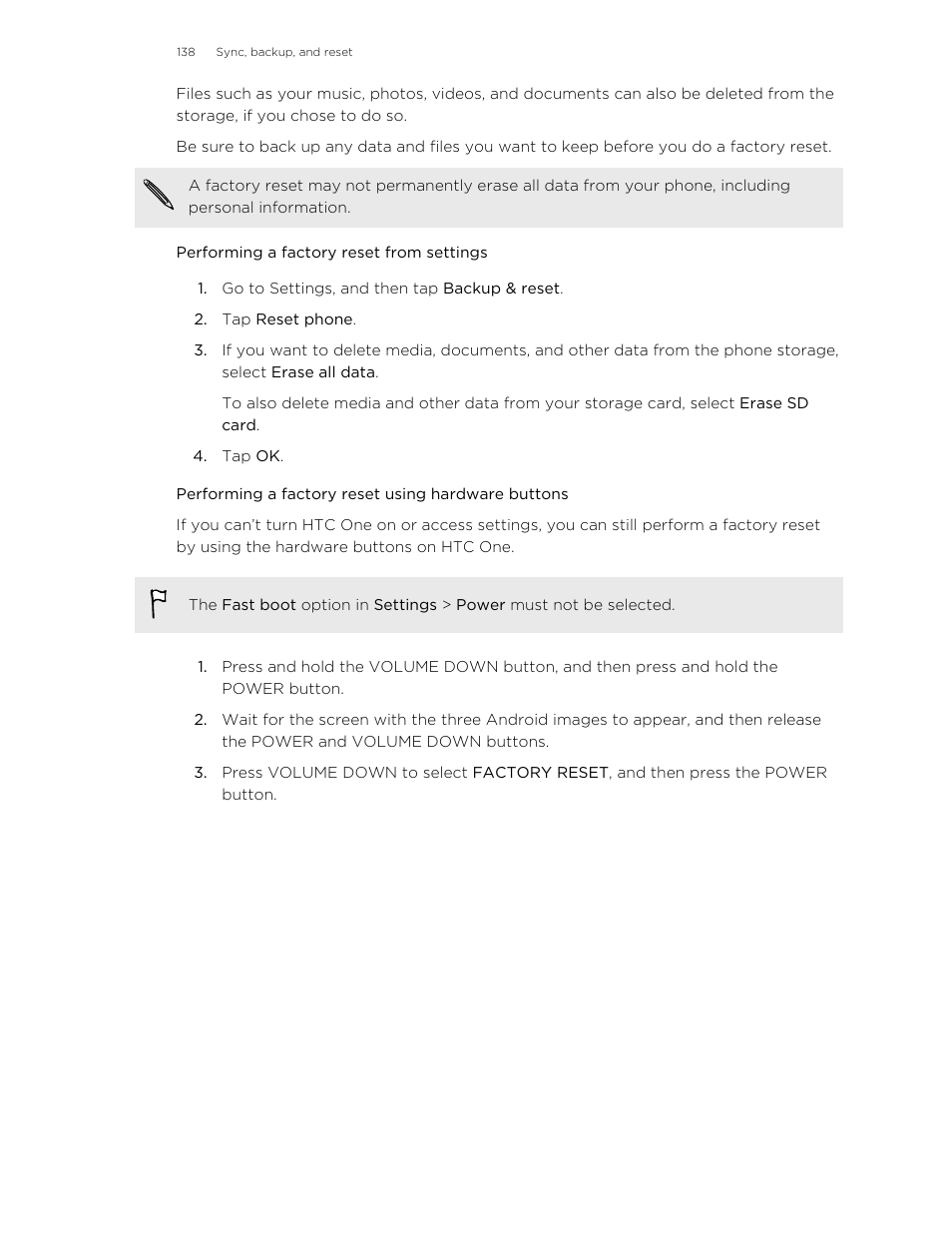 Performing a factory reset from settings, Performing a factory reset using hardware buttons | HTC One M8 User Manual | Page 138 / 201