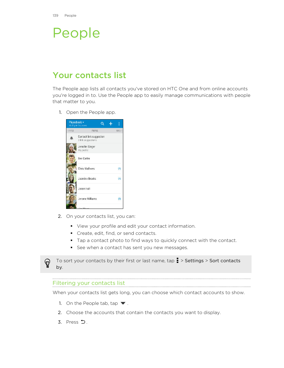 People, Your contacts list, Filtering your contacts list | HTC One M8 User Manual | Page 139 / 201
