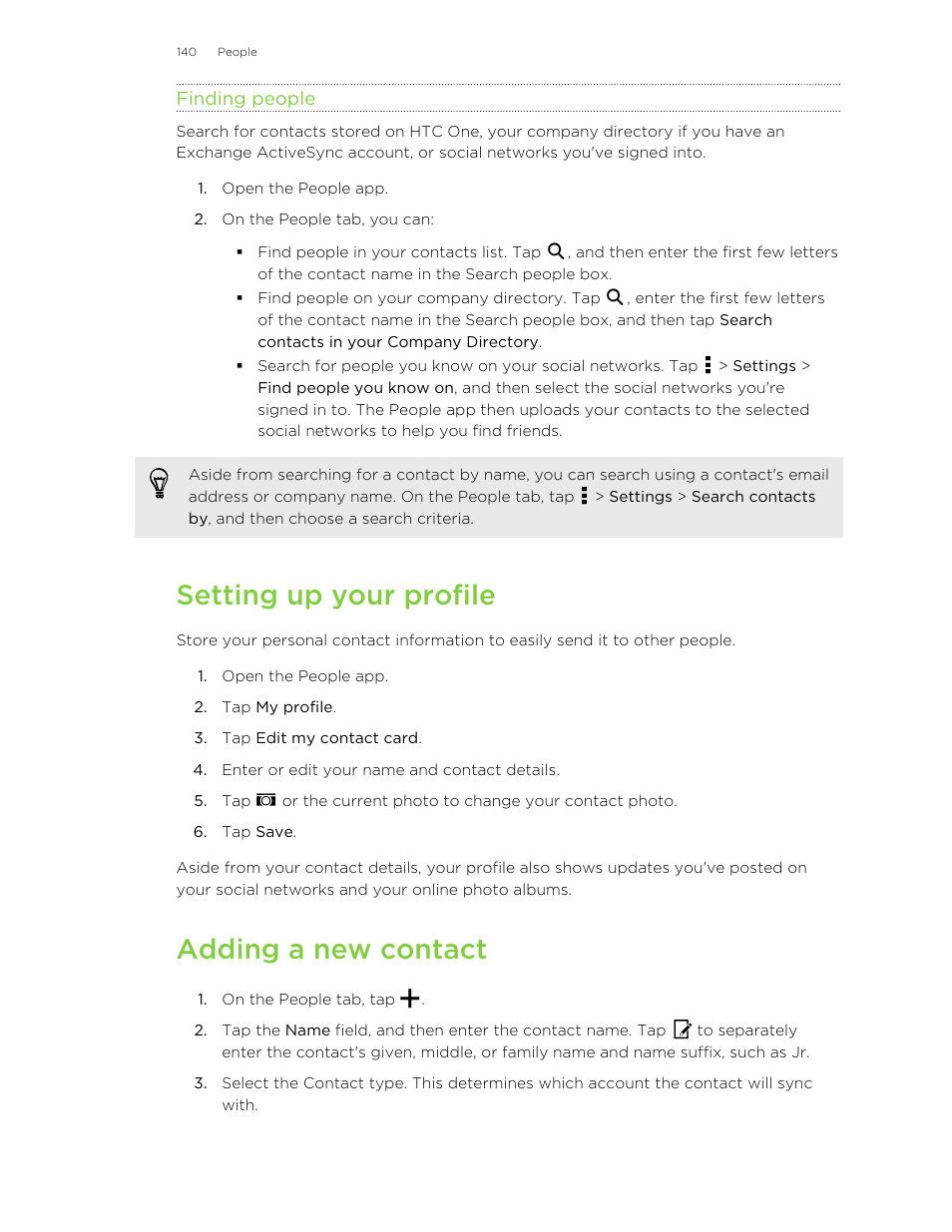 Finding people, Setting up your profile, Adding a new contact | HTC One M8 User Manual | Page 140 / 201