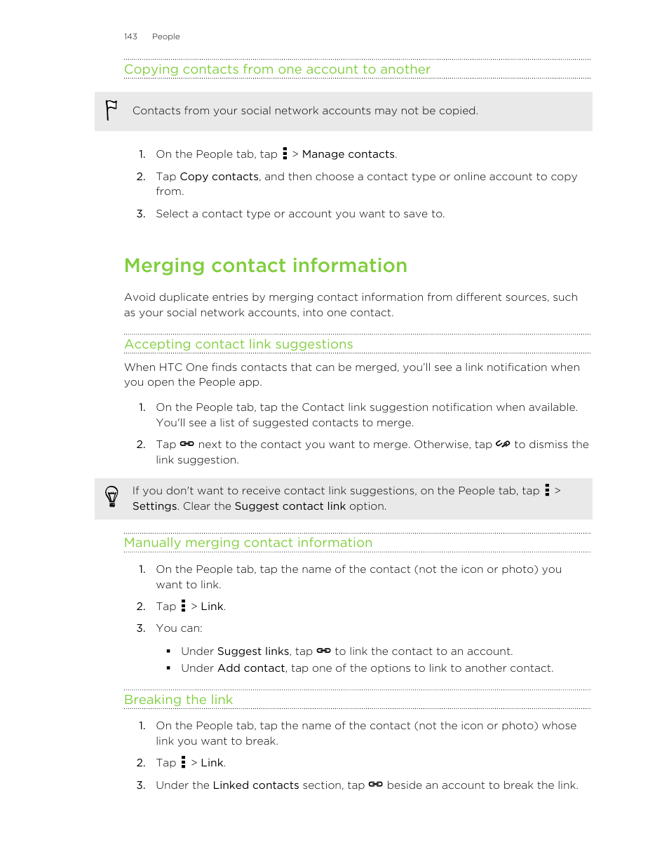 Copying contacts from one account to another, Merging contact information, Accepting contact link suggestions | Manually merging contact information, Breaking the link | HTC One M8 User Manual | Page 143 / 201