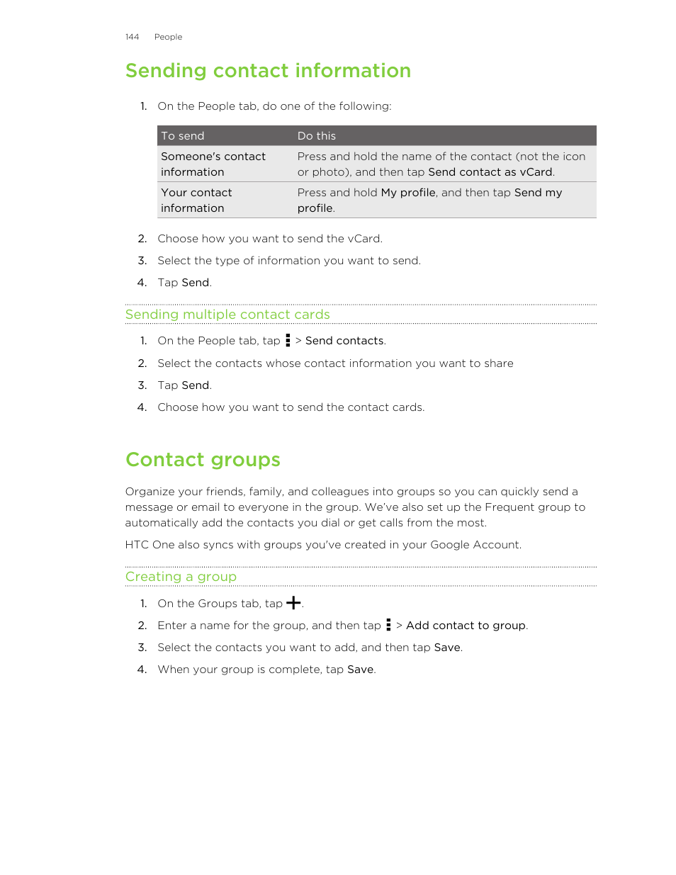 Sending contact information, Sending multiple contact cards, Contact groups | Creating a group | HTC One M8 User Manual | Page 144 / 201