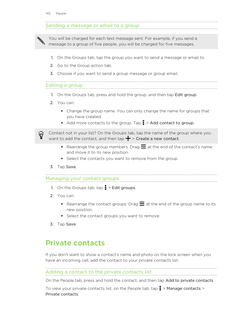 Sending a message or email to a group, Editing a group, Managing your contact groups | Private contacts, Adding a contact to the private contacts list | HTC One M8 User Manual | Page 145 / 201