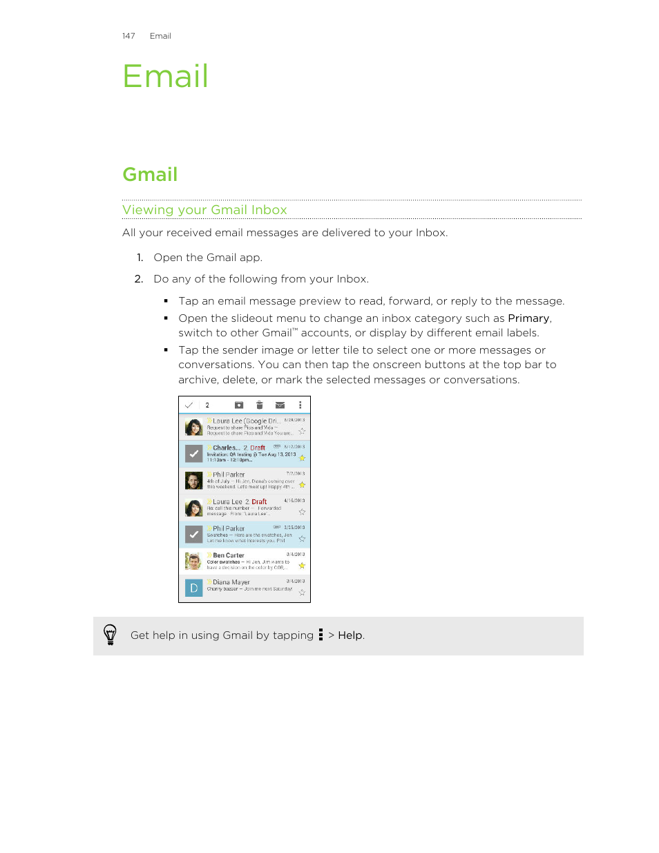 Email, Gmail, Viewing your gmail inbox | HTC One M8 User Manual | Page 147 / 201