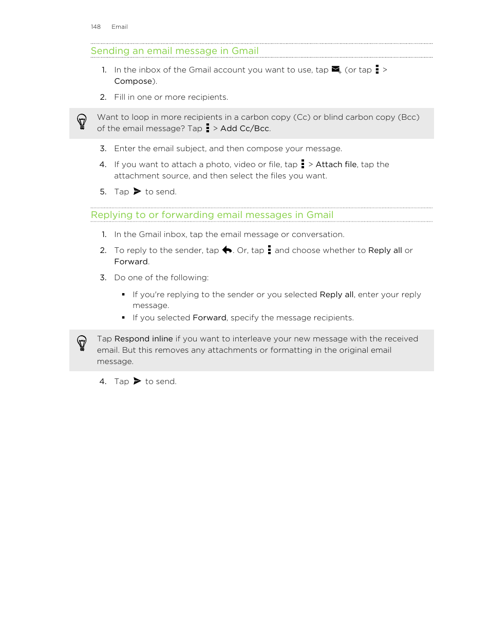 Sending an email message in gmail, Replying to or forwarding email messages in gmail | HTC One M8 User Manual | Page 148 / 201