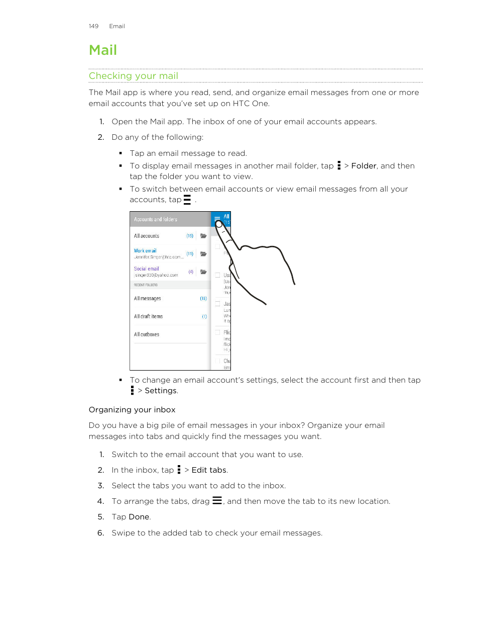 Mail, Checking your mail, Organizing your inbox | HTC One M8 User Manual | Page 149 / 201