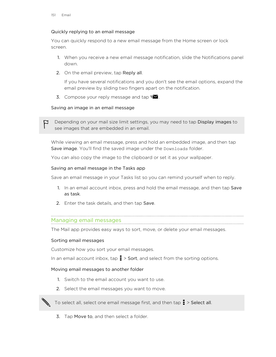 Quickly replying to an email message, Saving an image in an email message, Saving an email message in the tasks app | Managing email messages, Sorting email messages, Moving email messages to another folder | HTC One M8 User Manual | Page 151 / 201