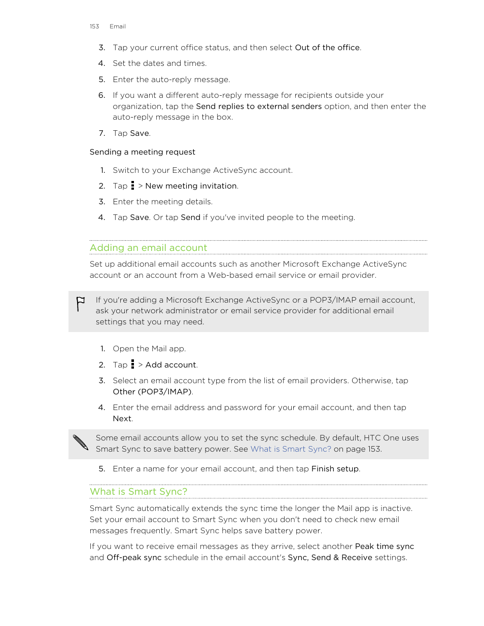 Sending a meeting request, Adding an email account, What is smart sync | HTC One M8 User Manual | Page 153 / 201