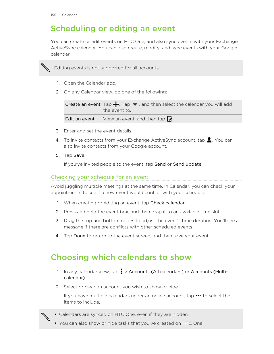 Scheduling or editing an event, Checking your schedule for an event, Choosing which calendars to show | HTC One M8 User Manual | Page 155 / 201
