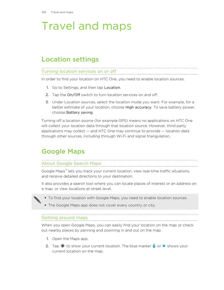 Travel and maps, Location settings, Turning location services on or off | Google maps, About google search maps, Getting around maps, Navigation or location-based apps. see | HTC One M8 User Manual | Page 158 / 201
