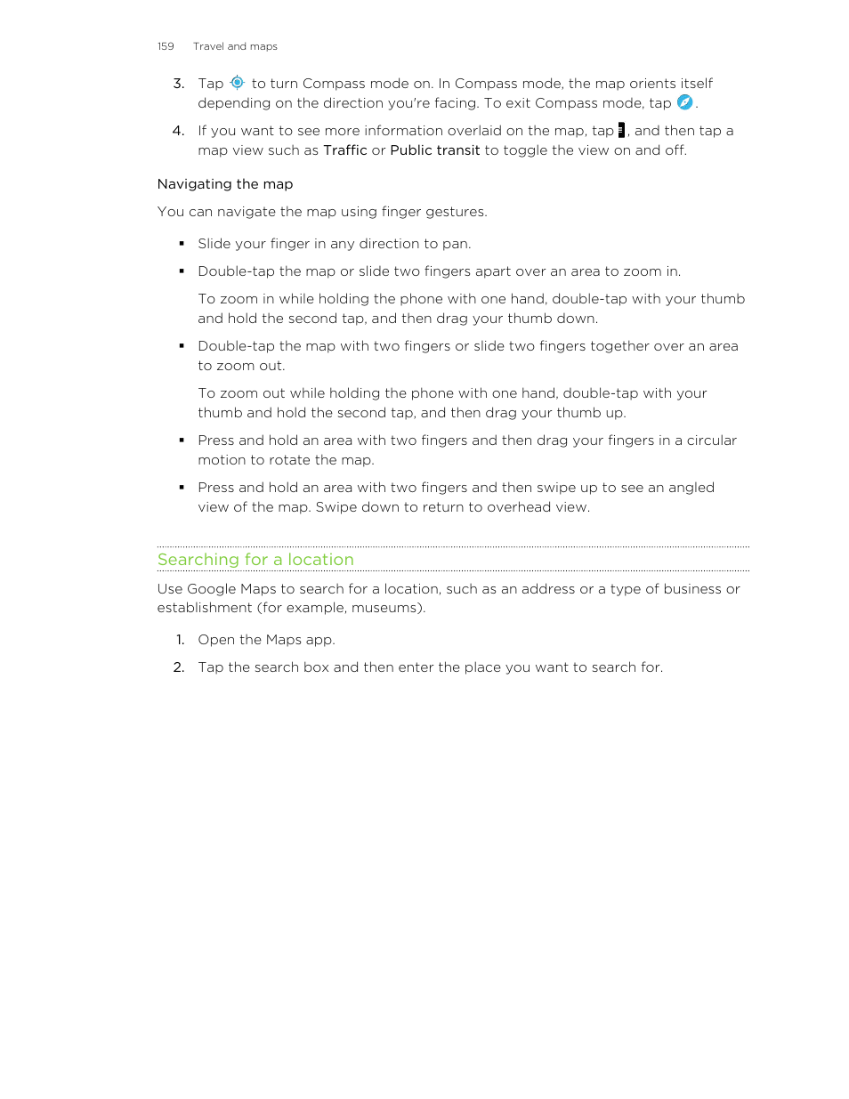 Navigating the map, Searching for a location | HTC One M8 User Manual | Page 159 / 201