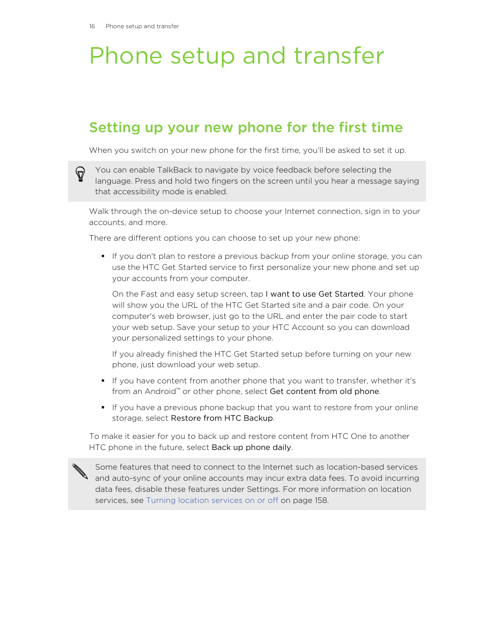 Phone setup and transfer, Setting up your new phone for the first time | HTC One M8 User Manual | Page 16 / 201