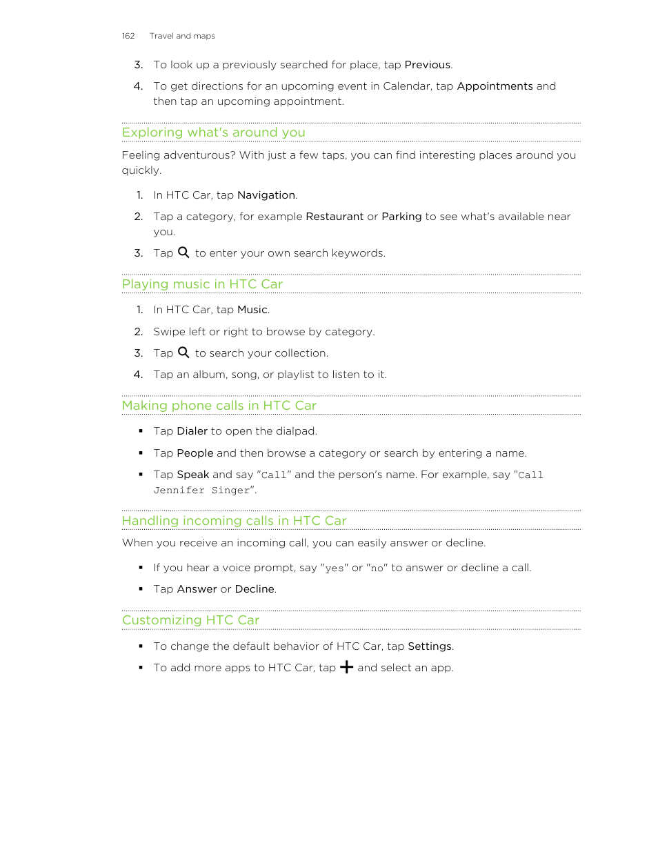 Exploring what's around you, Playing music in htc car, Making phone calls in htc car | Handling incoming calls in htc car, Customizing htc car | HTC One M8 User Manual | Page 162 / 201
