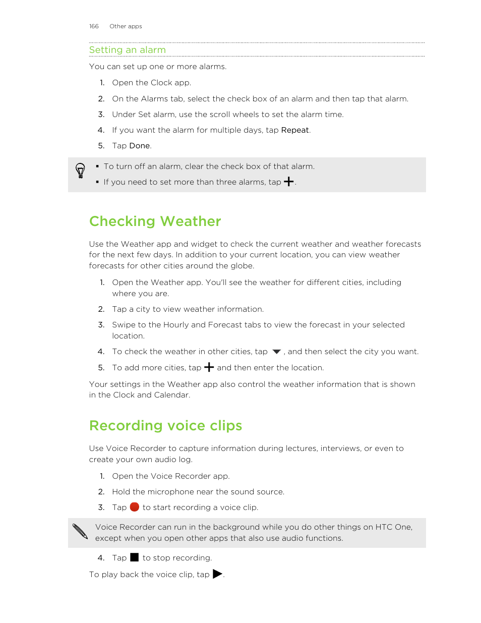 Setting an alarm, Checking weather, Recording voice clips | HTC One M8 User Manual | Page 166 / 201