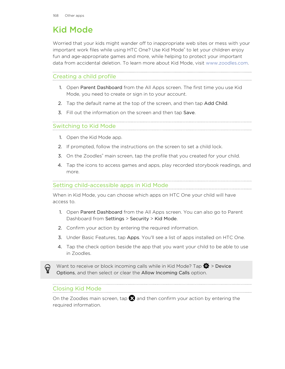 Kid mode, Creating a child profile, Switching to kid mode | Setting child-accessible apps in kid mode, Closing kid mode | HTC One M8 User Manual | Page 168 / 201