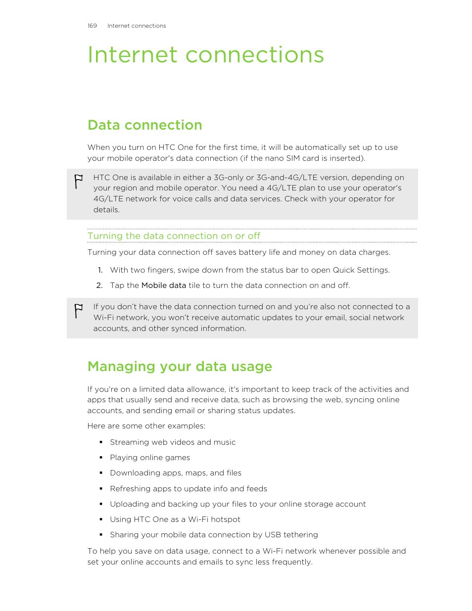 Internet connections, Data connection, Turning the data connection on or off | Managing your data usage | HTC One M8 User Manual | Page 169 / 201