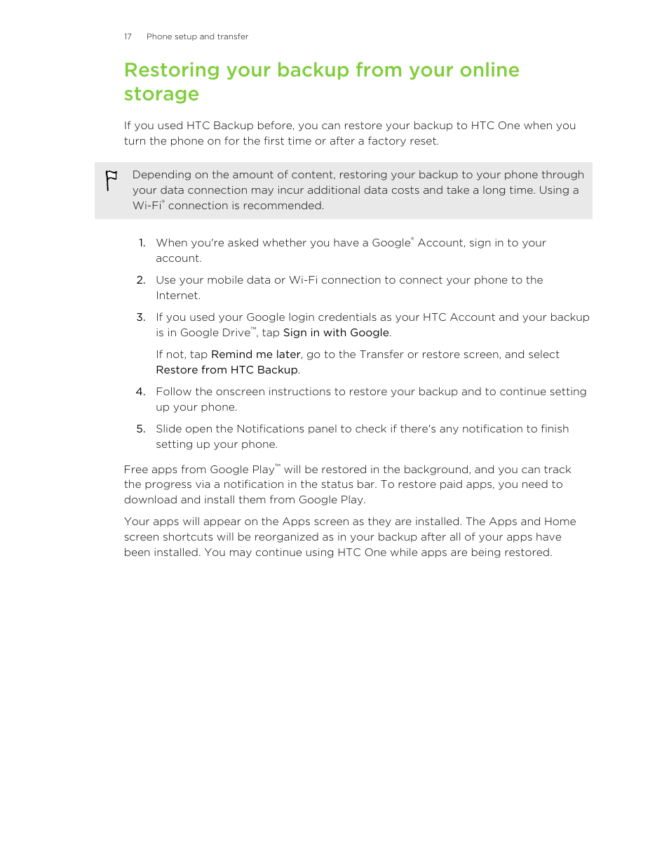 Restoring your backup from your online storage | HTC One M8 User Manual | Page 17 / 201